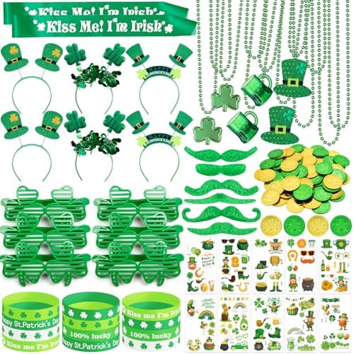 DMIGHT 180Pcs St Patricks Day Accessories Party Favor Set Tattoo Stickers Necklaces Bracelets Shamrock Glasses Headbands Mustaches Decorative Plastic Coins and Sash for Party Supplies