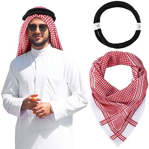 Hoolerry Arab Shemagh Muslim Keffiyeh Head Wrap Scarf Arabic Tactical Desert Headwear with Aqel Rope Halloween Costume Accessories(Black and White)