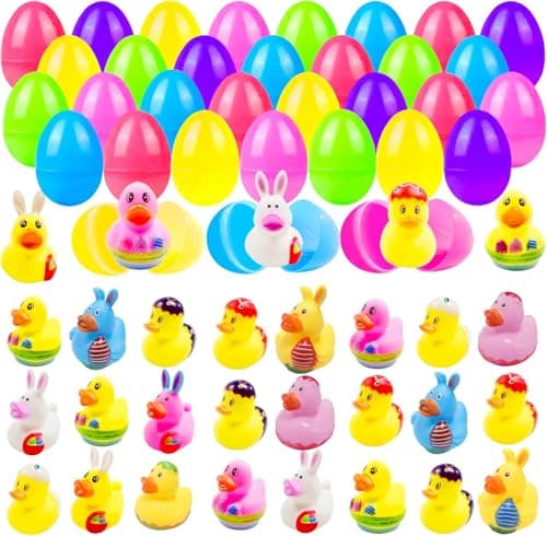 24 Pcs Prefilled Easter Eggs with Bunny DuckiesBright Colorful Easter Eggs Prefilled with Variety Duckies for Fun Bath Bunny Duckies Easter Basket Stuffers and Bathtub Toys Party Favors