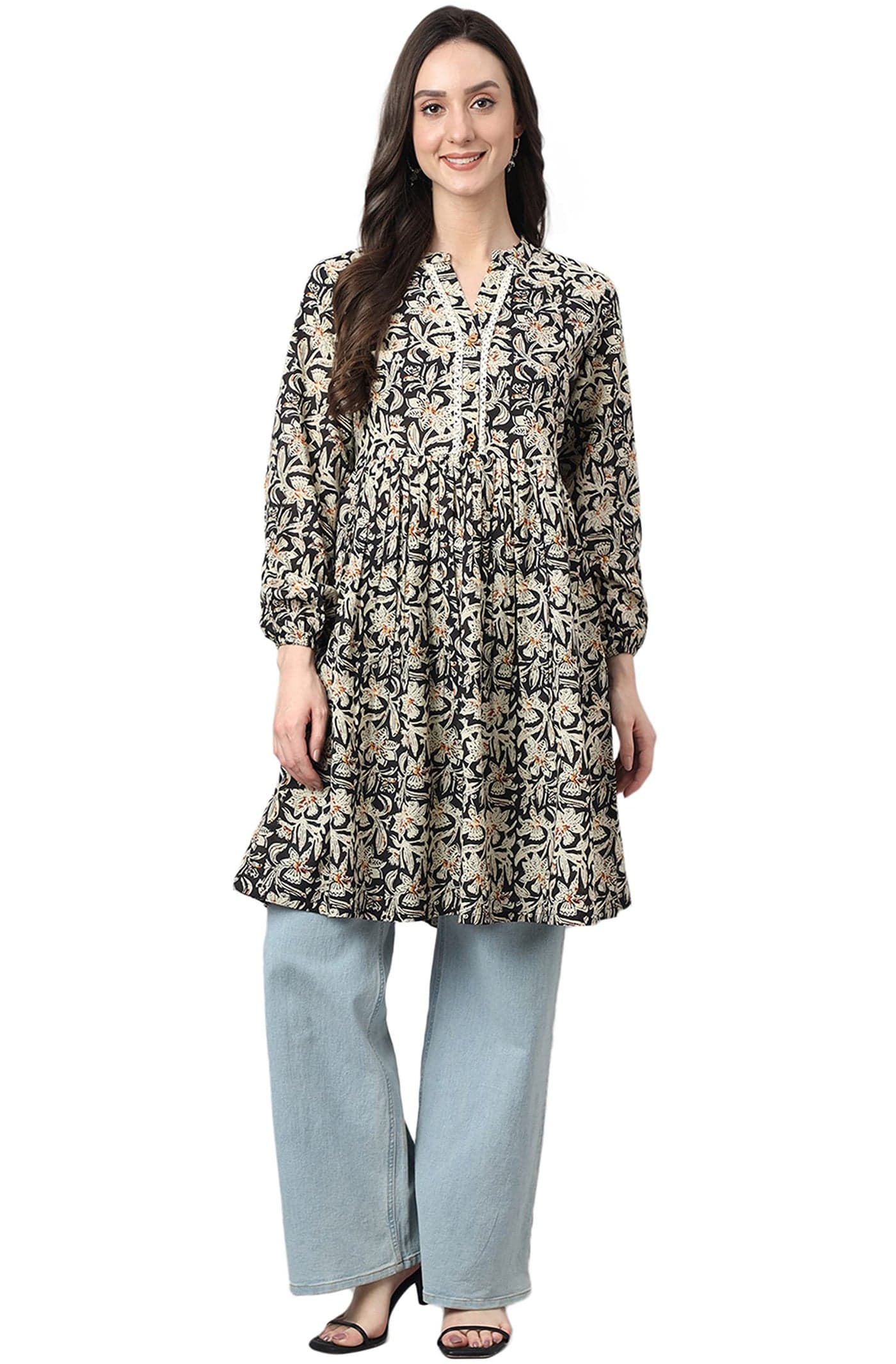 Janasya Women's Black Cotton Floral Print Flared Tunic(JNE4098-TU-M)