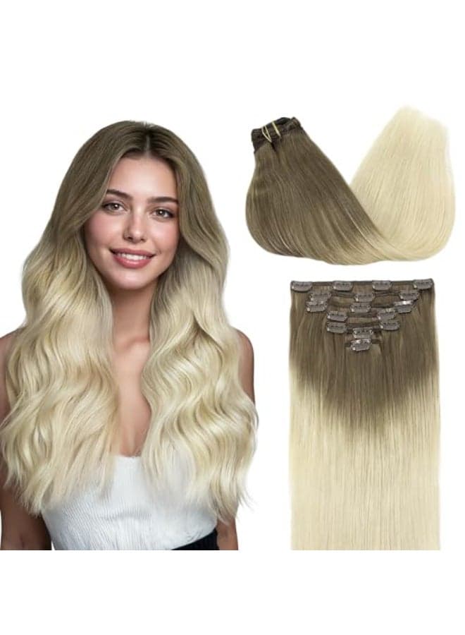 GOO GOO Clip in Hair Extensions Real Human Hair Remy Human Hair Extensions Clip ins for Women Natural Human Hair 14inch 120g 7Pcs 960 Balayage Ash Brown to Platinum Blonde