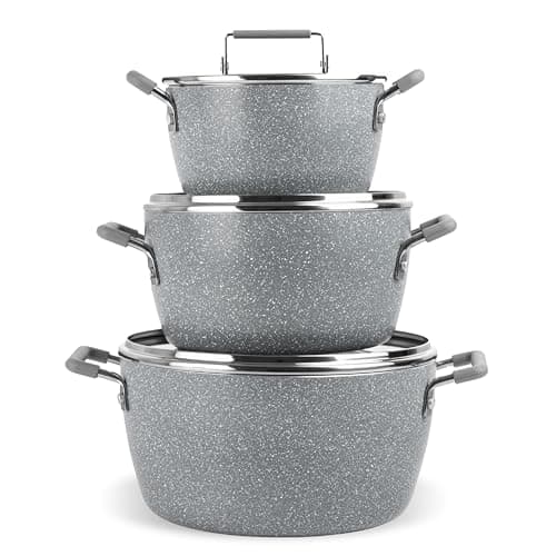Granitestone Gray Pots and Pans Set Nonstick, 6 Stackable Piece Cooking Pots Set, Kitchen Pots, Non Stick Coating, 5qt 3qt & 1.5qt Pots with Lids, Stay Cool Handles Dishwasher Safe 100% Toxin Free