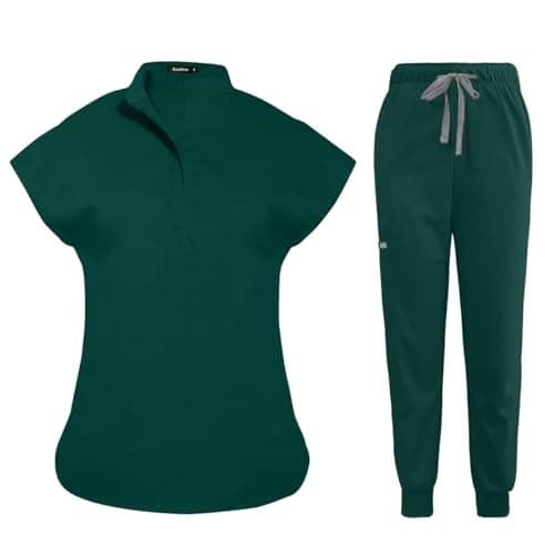niaahinn Scrubs Set for Women Nurse Uniform Jogger Suit Stretch Top & Pants with Multi Pocket for Nurse Esthetician Workwear (Deep Green, Small)