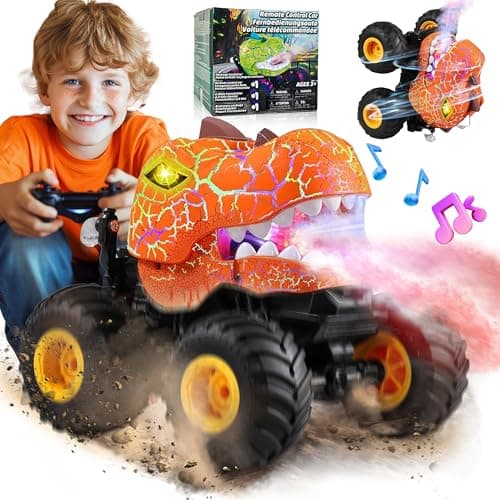 BEZGAR Monster Truck Toys Remote Control Monster Truck with Spray Light Music Dinosaur Toys for Kids 120 Scale RC Truck with 360 Spins and Drifting Remote Control Car for Boys 47 Orange