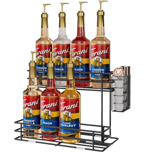OVICAR Coffee Syrup Organizer Rack - 8 Bottle Holder Stand for Coffee Bar & Station Accessories with Straw & Pod Basket, 2 Tiers Black