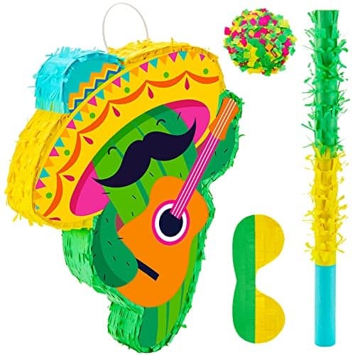 Lewtemi Cactus Piata Mini Sombrero Party Hats Mexican Fiesta Decorations with Piata Stick Blindfold Confetti Set 161 x 13 x 3 Inch