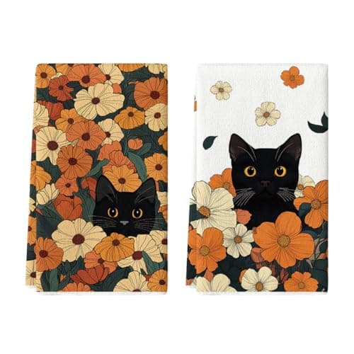 Artoid Mode Flowering Shrubs Black Cat Floral Spring Kitchen Towels Dish Towels, 18x26 Inch Farmhouse Summer Plants Decoration Hand Towels Set of 2
