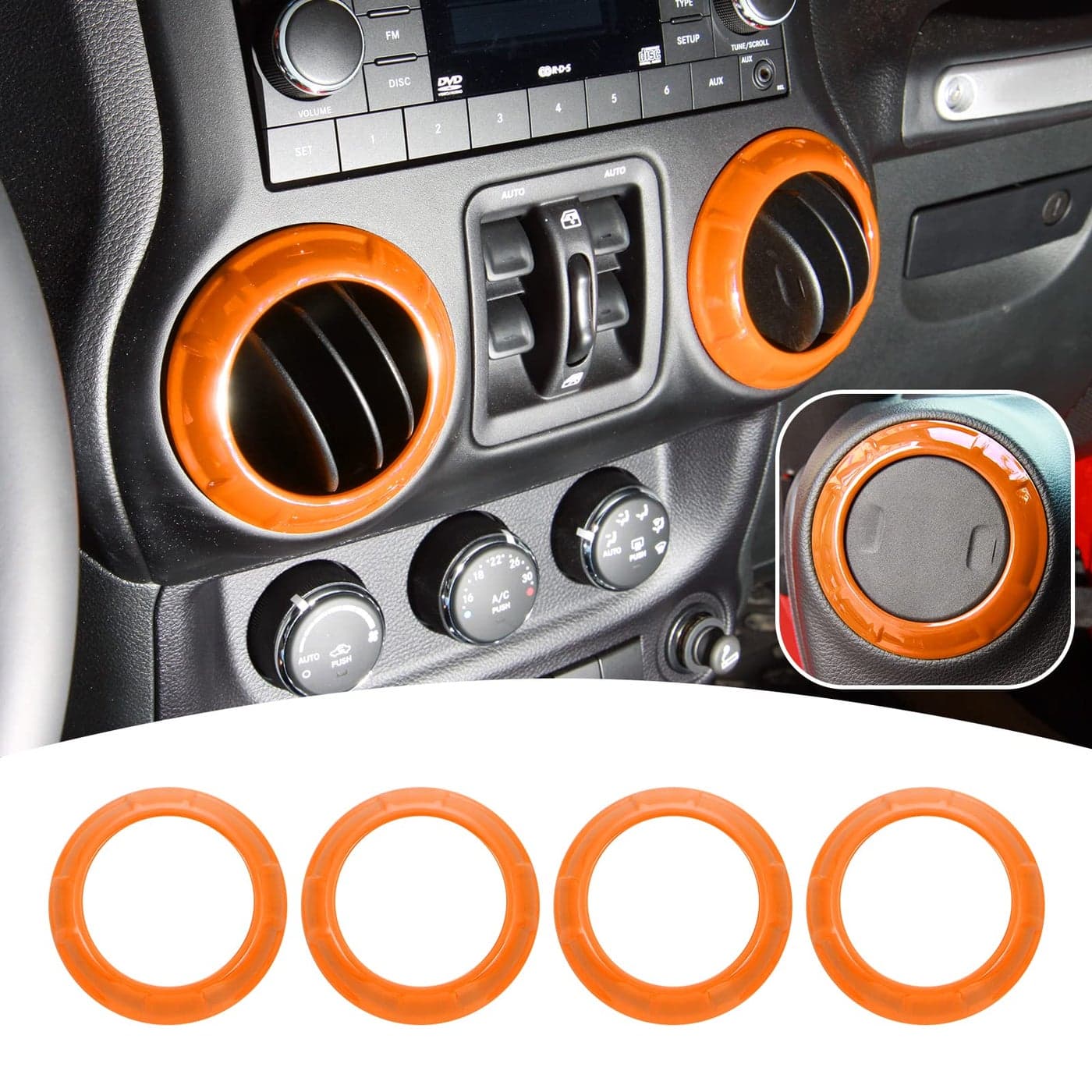 4PCS Center Console Dash Air Conditioner Vent Cover Trim Interior Accessories Compatible with Jeep Wrangler JK JKU 20112018 Orange