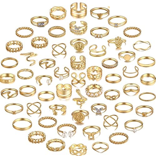 YEEZII 68 Pcs Gold Knuckle Rings Set for Women, Stackable Boho Joint Finger Midi Rings Silver Hollow Carved Crystal Stacking Ring Pack