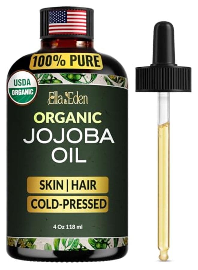 Ella Eden Organic Jojoba Oil USDA Certified ColdPressed 100 Pure Unrefined HexaneFree Oil for Skin Face Hair Nails 4 Fl Oz Glass Bottle