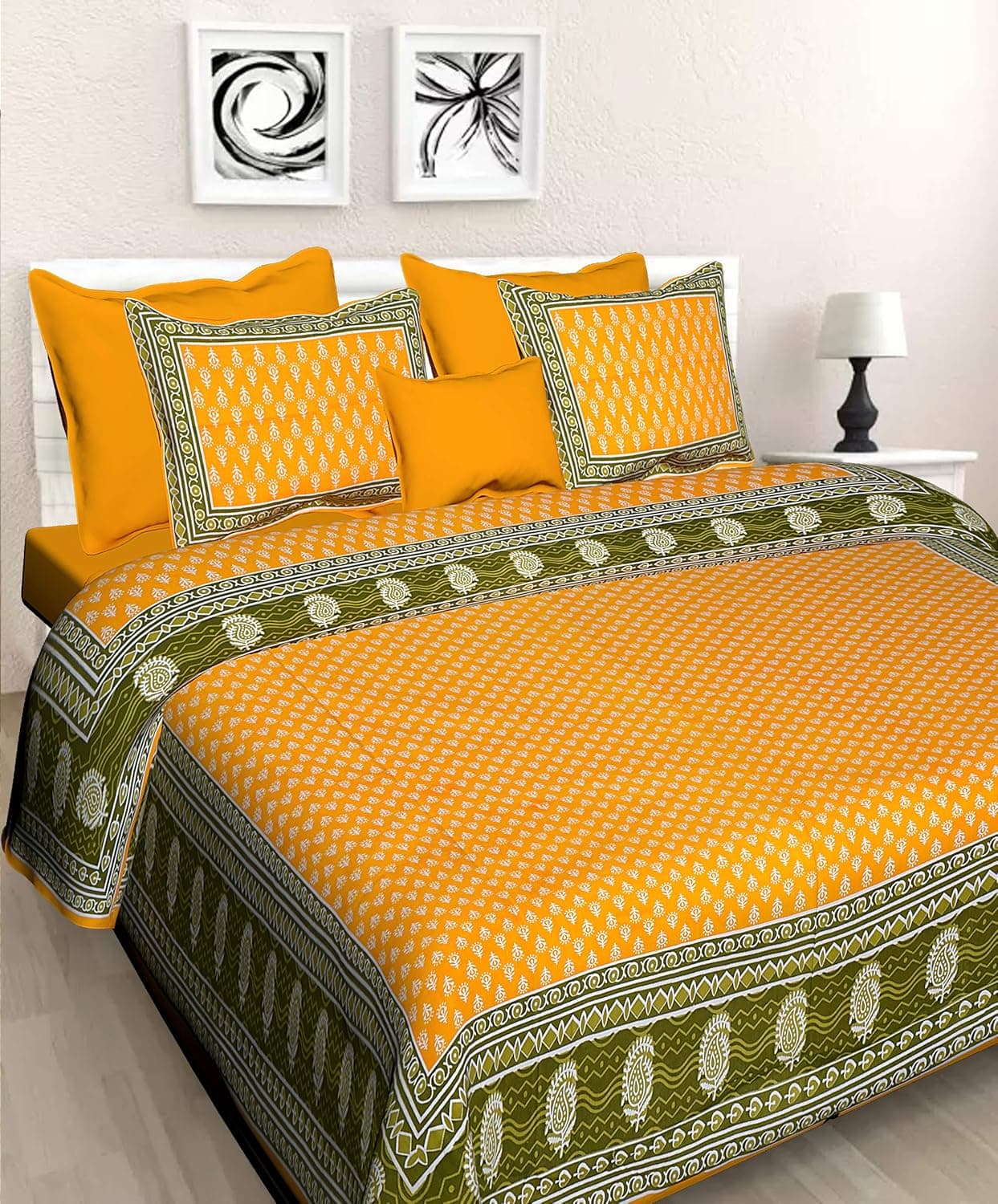 Meejoya Cotton Rajasthani Jaipuri Traditional King Size Double Bedsheet with 2 Pillow Covers Multicolour
