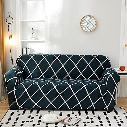 House of Quirk Polyester Spandex Printed Sofa Cover Big Elasticity Cover Stretch Universal Sofa Slipcovers (Blue Diamond, Double Seater)