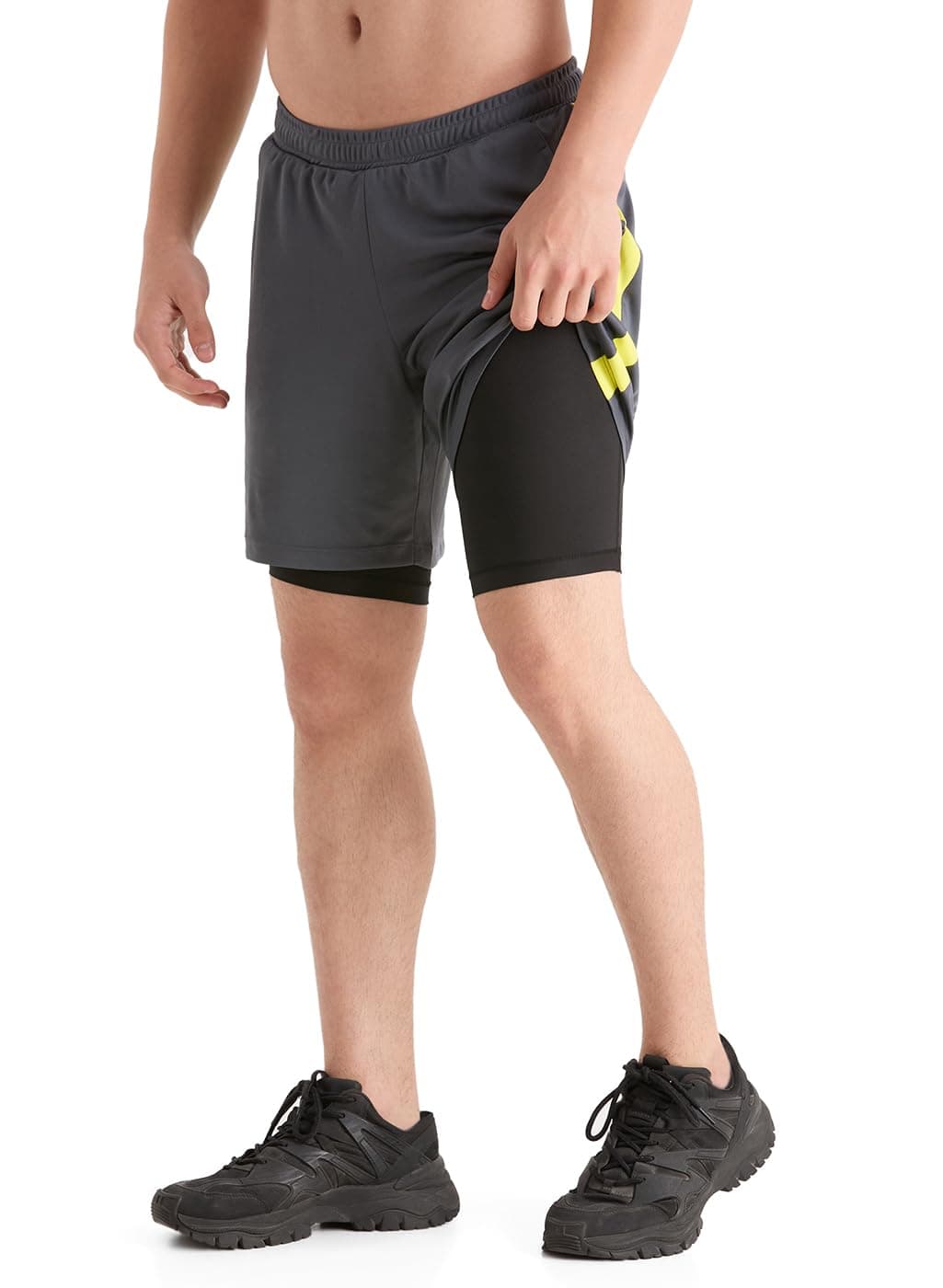 TRUEREVO Men’s 2-in-1 Running & Training Shorts | 8" Quick Dry Workout Shorts with Inner Compression Tights | Gym Activewear Half Pants with 2 Front Pockets | Sports Shorts for Men Dark Grey