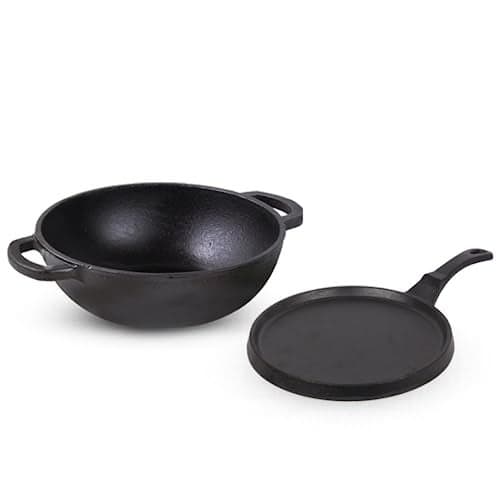 The Indus Valley Pre-Seasoned Cast Iron Cookware Set | Kadai (25.4 Cm/2.3L) + Tawa (25.5 Cm) | Kitchen Cooking Combo Pots And Pans Set Of 2Pcs | Naturally Nonstick - Black