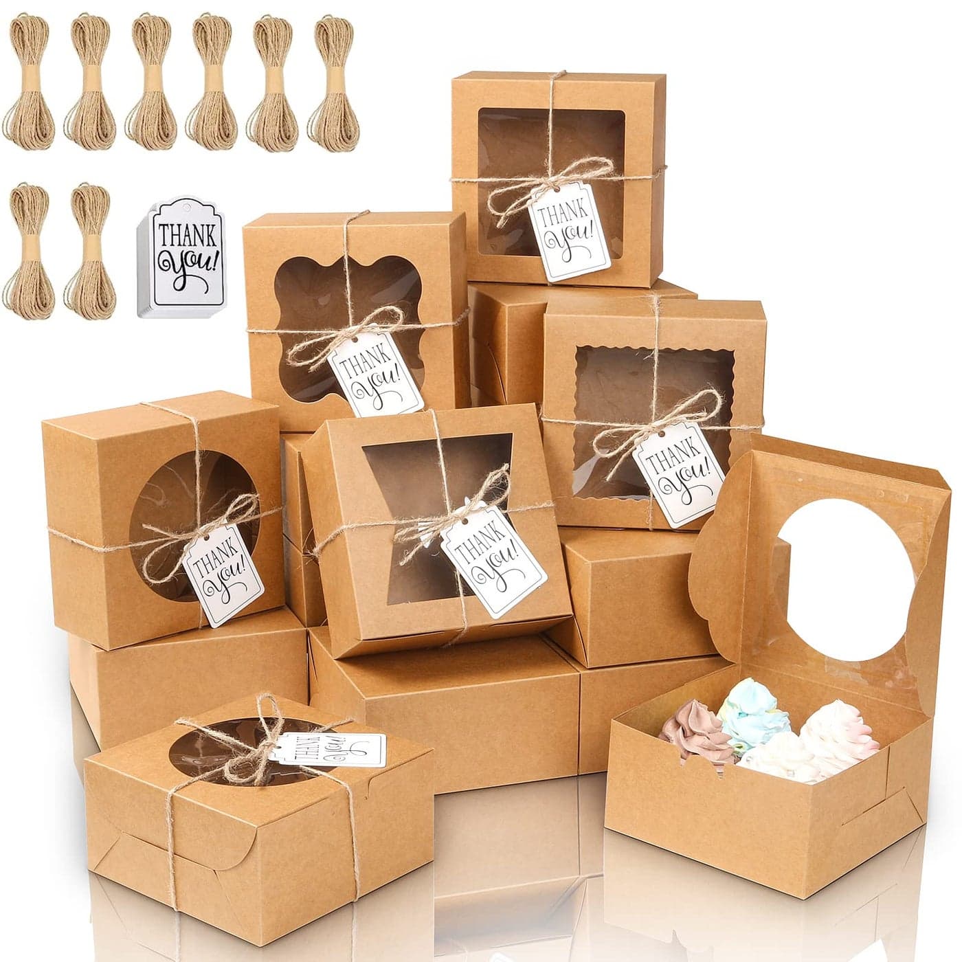 KPOSIYA 65PCS Bakery Boxes with Window 6x6x3 Inches 5 Style Cookie Boxes Small Pastry Boxes for Candy Dessert Pastry Donuts Birthday Party WeddingBrown