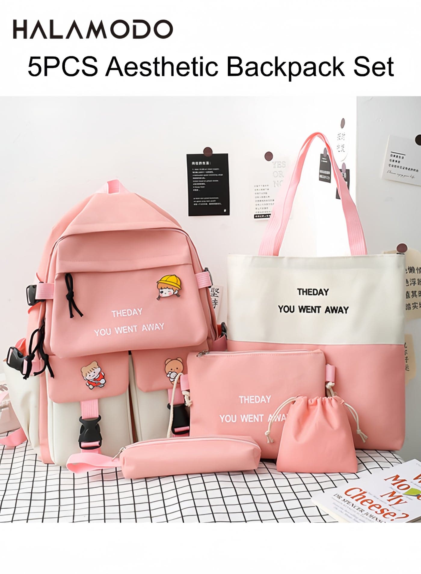 5pcs Backpack Set Aesthetic Large Capacity School Backpack Set Waterproof Canvas Bookbag with Cute Backpack & Shoulder Bag & Pencil Box & Tote Bag & Small Bag for Middle High College Students