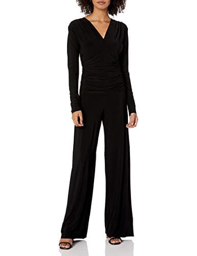 Norma Kamali Womens V Neck Longsleeve Shirred Waist Jumpsuit Black Small