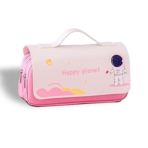 Party Propz Polyester Space Pencil Pouch for Kids Pink Pencil Case Space Theme Astronaut Pencil Pouch Planet Theme Pencil Case for School Kids School Pouch for Boys Girls Large Two Compartment Pouch