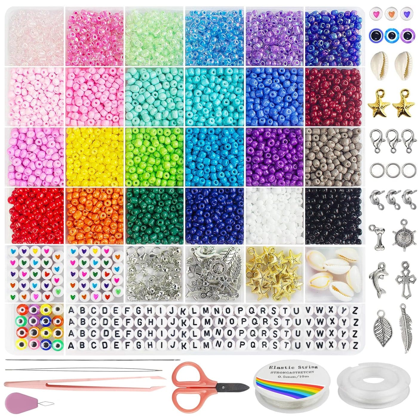 Redtwo 4mm Glass Seed Beads for Jewelry Bracelet Making Kit Small Beads Friendship Bracelet Kit Tiny Waist Beads with Letter Beads and Elastic String DIY Art Craft Girls Gifts