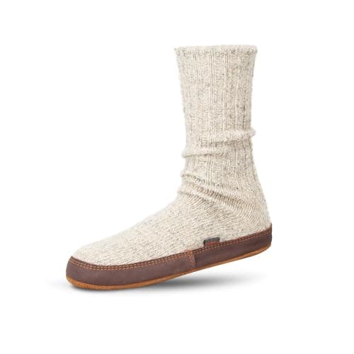 Acorn Unisex Slipper Socks, Flexible Cloud Cushion Footbed with a Suede Sole, Mid-Calf Length, Light Grey Ragg Wool, 11-12 US Women