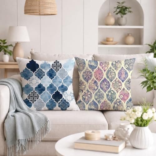 STITCHNEST Set of 2 Polycotton Cushion Covers – 24x24 Inches – Blue & Beige Moroccan and Ikat Print Combo – Elegant Sofa Cushion Covers for Living Room | Perfect for Home Decor