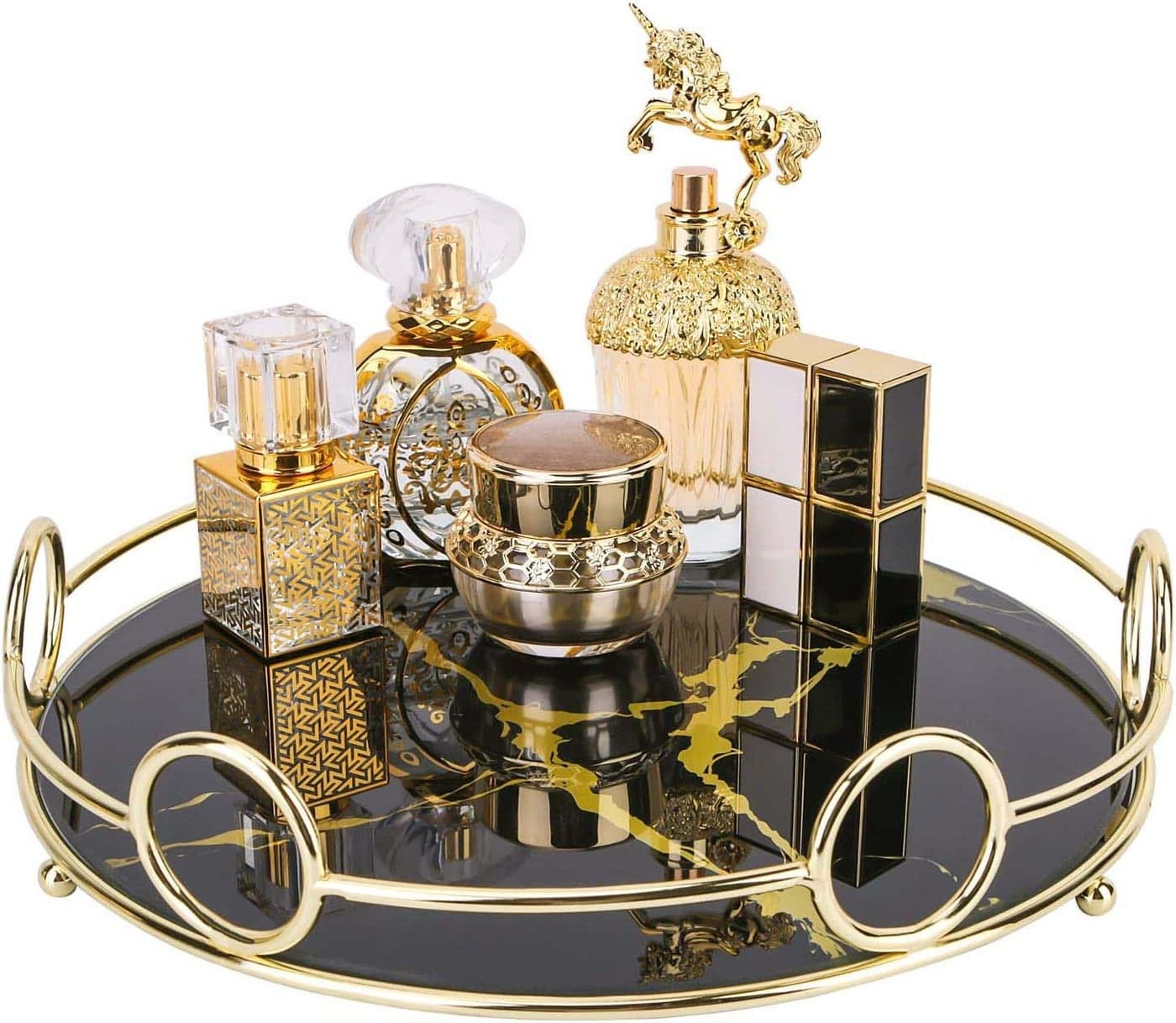 Zosenley Makeup Organizer Tray Decorative Glass Vanity Tray for Perfume Jewelry and Decor Round Cosmetic Storage for Dresser Bathroom Counter Ottoman and Coffee Table Size 114D x 24H