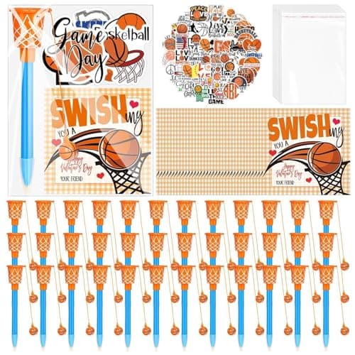 Gosodeny 36 Pack Basketball Party Favor Set with Mini Hoop Pens Stickers Exchange Cards and Gift Bags Bulk Gifts Sports Birthday Goodie Bag Fillers for Adult
