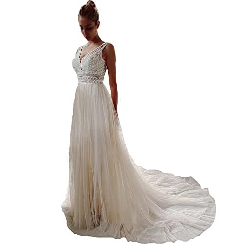Sorayan Wedding Dresses for Bride Illusory Lace Bohemia V Neck Layers Tulle A Line Beachy Wedding GownsXSmall White