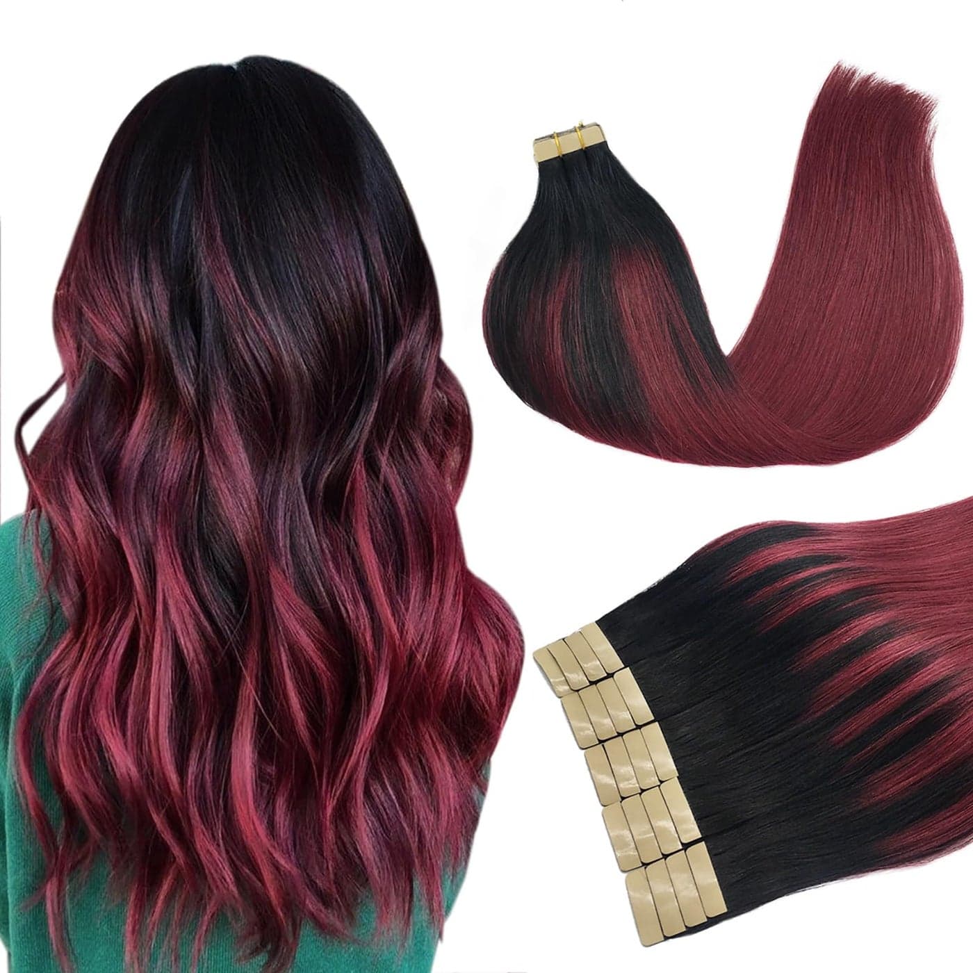 DOORES 20 Inch 20pcs Tape in Human Hair Extensions Ombre Jet Black to Red Real Natural Hair Extensions Tape in Remy Skin Weft Hair Extensions Straight 50g