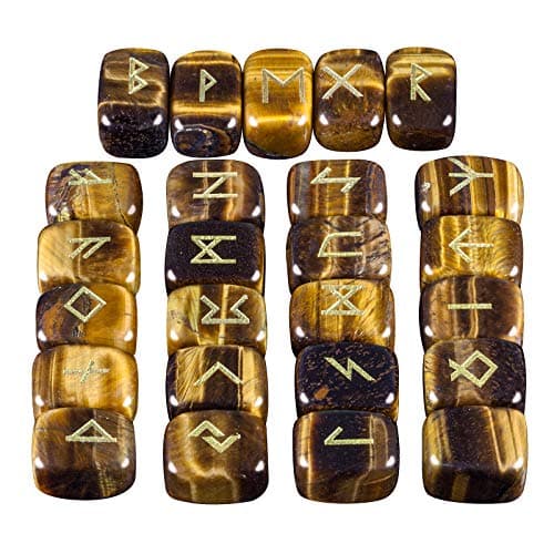 mookaitedecor Rune Stones Set with Engraved Elder Futhark Alphabet Crystal Meditation Divination, Tiger's Eye