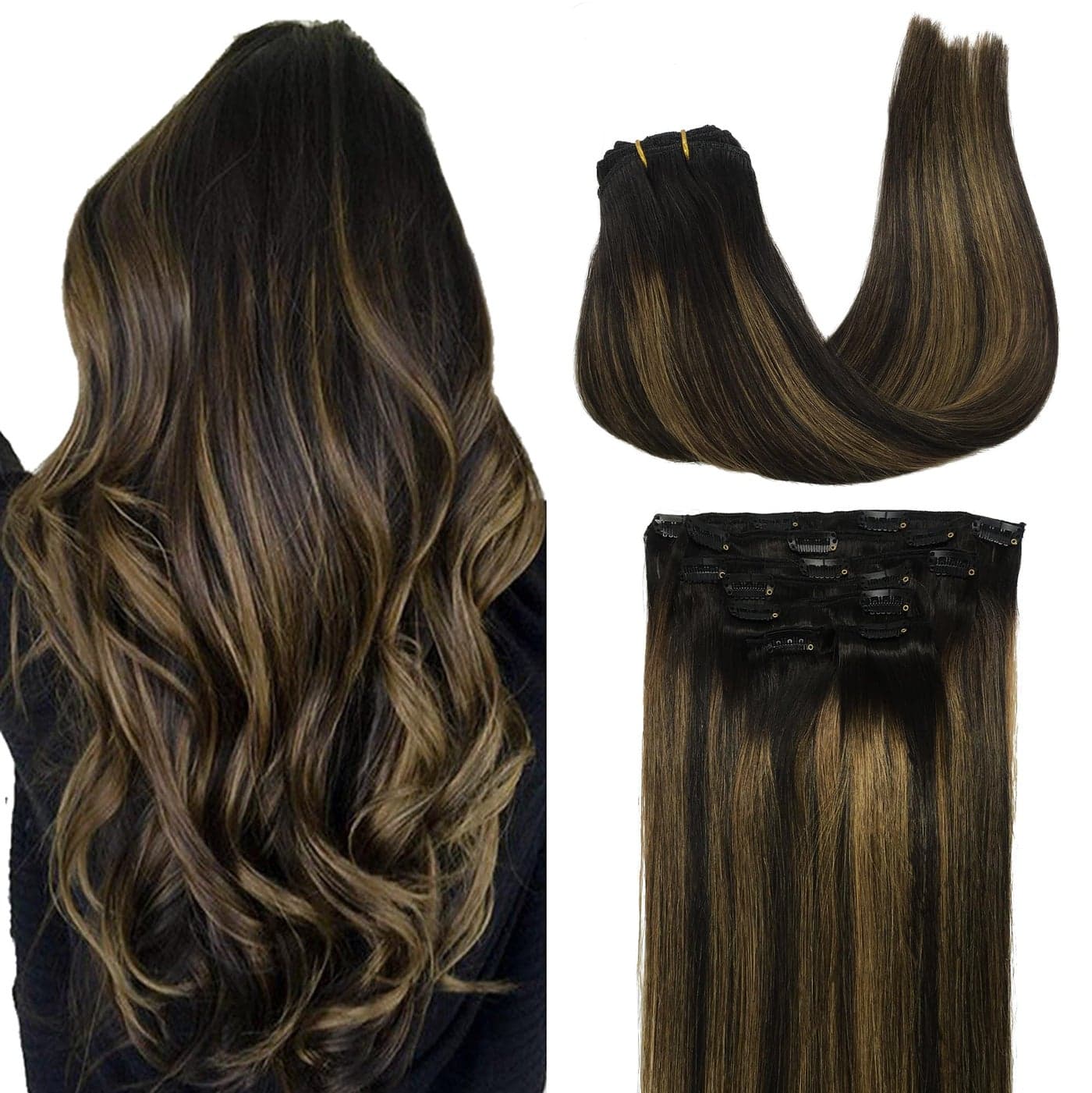 GOO GOO Clip in Hair Extensions Real Human Hair Remy Human Hair Extensions Clip ins for Women Natural Human Hair 14inch 120g 7Pcs 1B61B Balayage Natural Black to Chestnut Brown