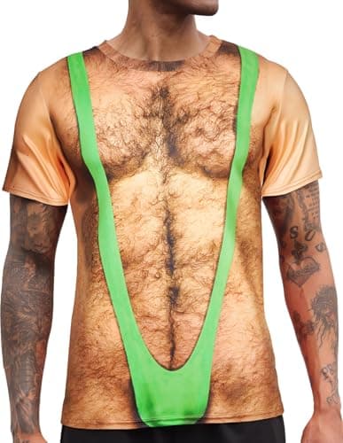RAISEVERN Mens Muscle T-Shirt Fake Hairy Chest Funny Short Sleeve 3D Graphic Design Family Shirts Casual Cool Festival Crazy T Shirt Top Tees
