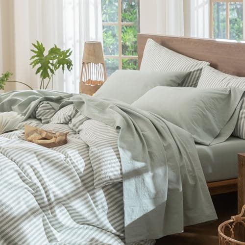 MooMee Bedding Sheet Set 100 Washed Cotton Linen Like Textured Breathable Durable Soft Comfy Heathered Sage Green Queen