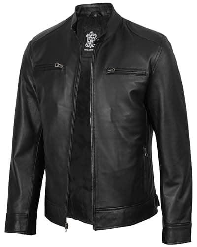fjackets Black Jacket for Men Motorcycle Genuine Lambskin Leather Jacket for Mens 1100122 Dodg Black S