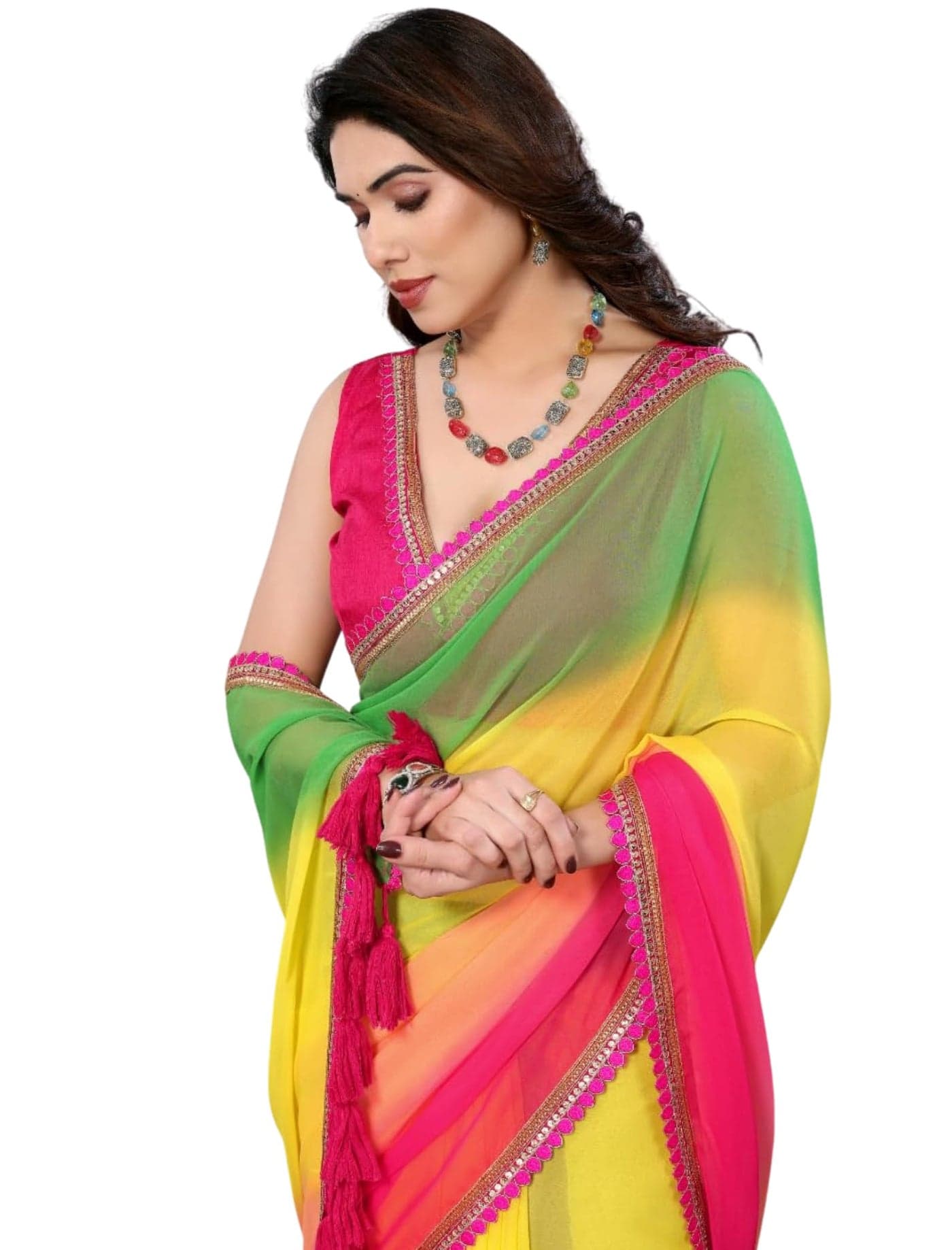 Ekasya Women Georgette Padding Yellow Solid Pattern Printed Saree with Unstitched Blouse (E5655_3) - Stylish design, printed pattern, comfortable fit, perfect for casual events and gatherings.