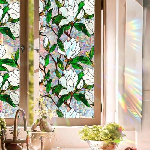 Aomkmi Stained Glass Window Film UV Resistant Window Privacy Film White Floral Privacy Rainbow Decals Living Room Bedroom Sun Blocking Decor Removable Static Cling Stickers 17 x 7874 Inch