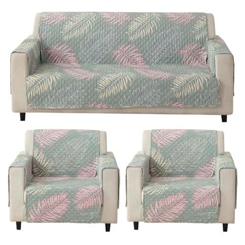 HOKIPO 'VivaCasa Series' Polyester Printed Quilted Sofa Cover 5 Seater Fully Covered 3+1+1 with Pockets, Tropical Leaves Pastel Green (NEW-IN-742-D1 + IN-737-D1*2)