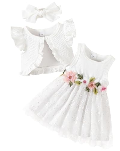 Renotemy Toddler Girls Flower Dress White Baptism Dresses 18 Month Girl Clothes Summer Sleeveless Tutu Dresses with Cardigan Set Birthday Party Wedding Dress for Girl 18-24 Months Photography Outfit
