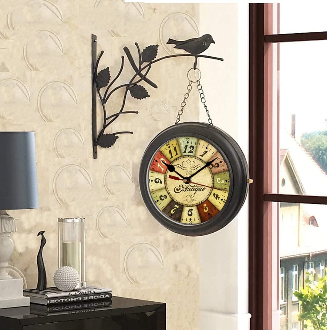 Saree House Traditional 25 CM Vintage Double Sided Antique Station Analog Clock with Black Bird Round Metal Body (Design ANT11)