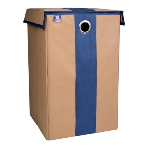 Homestrap Non Woven Foldable 68 Ltrs Laundry Bag/Storage Basket/Bin with Lid and Handle for Washing Clothes, Baby Toys Box, Dirty Dress (Beige & Navy Blue)