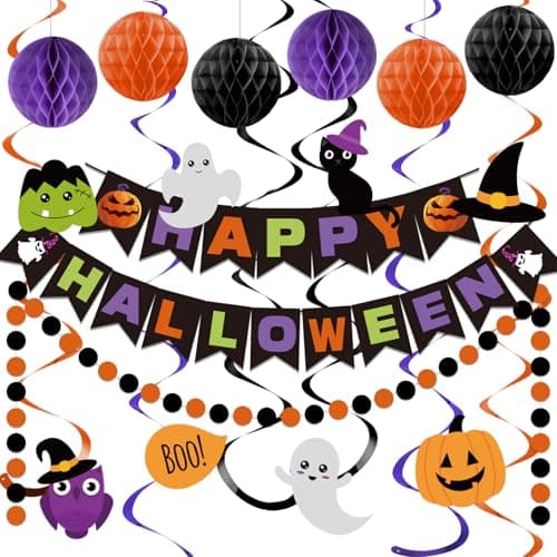 meowtastic Happy Halloween Banner Decorations Halloween Banner with Honeycomb Ball Hanging Swirl Streamer Circle Dot Garland Decorations for theme Party Decorations