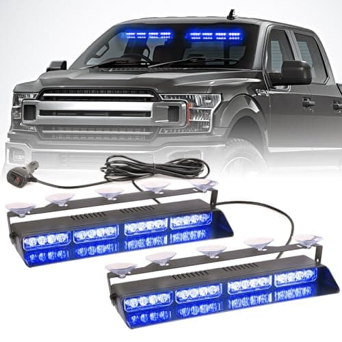 PKINGLAKE 2 in 1 LED Emergency Dash Strobe Light Bar Front/Rear Windshield Safety Flashing Warning Hazard Interior Lights for Police Firefighter Construction Vehicles Trucks (2x14 inch, Blue/Blue)