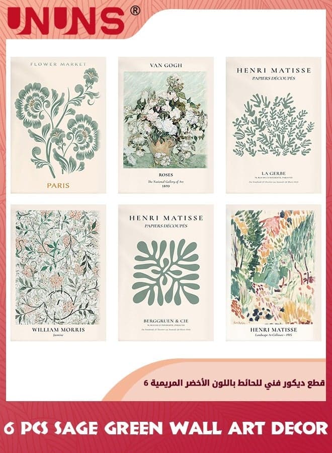 Sage Green Wall Art Decor,6 Pcs Boho Abstract Hanging Painting Simple Retro Posters,Minimalist Flower Market Prints,Green Canvas Matisse Paintings Pictures For Room,8x10Unframed