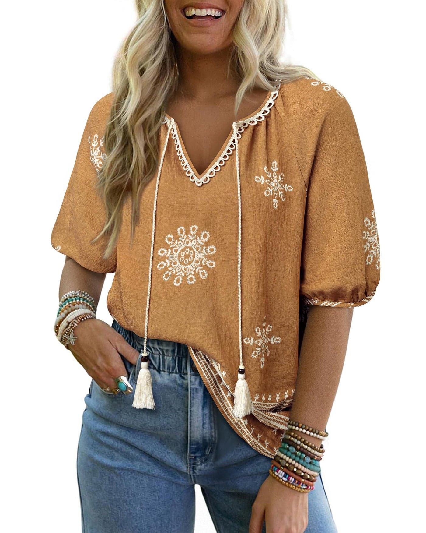 Vivilli Boho Blouses for Women, Beach Vacation Clothes for Women Summer Outfits Casual Tops V Neck Flowy Short Sleeve Cute Loose Fit Western Plus Size Babydoll Tops Trendy Women's Clothing Brown XL