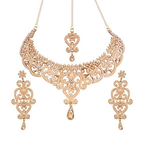 Touchstone Indian jewelry sets for women wedding bridal gold necklace bollywood desi jewellery gift party wear elegant faux pearls statement simple maang tikka bride accessories