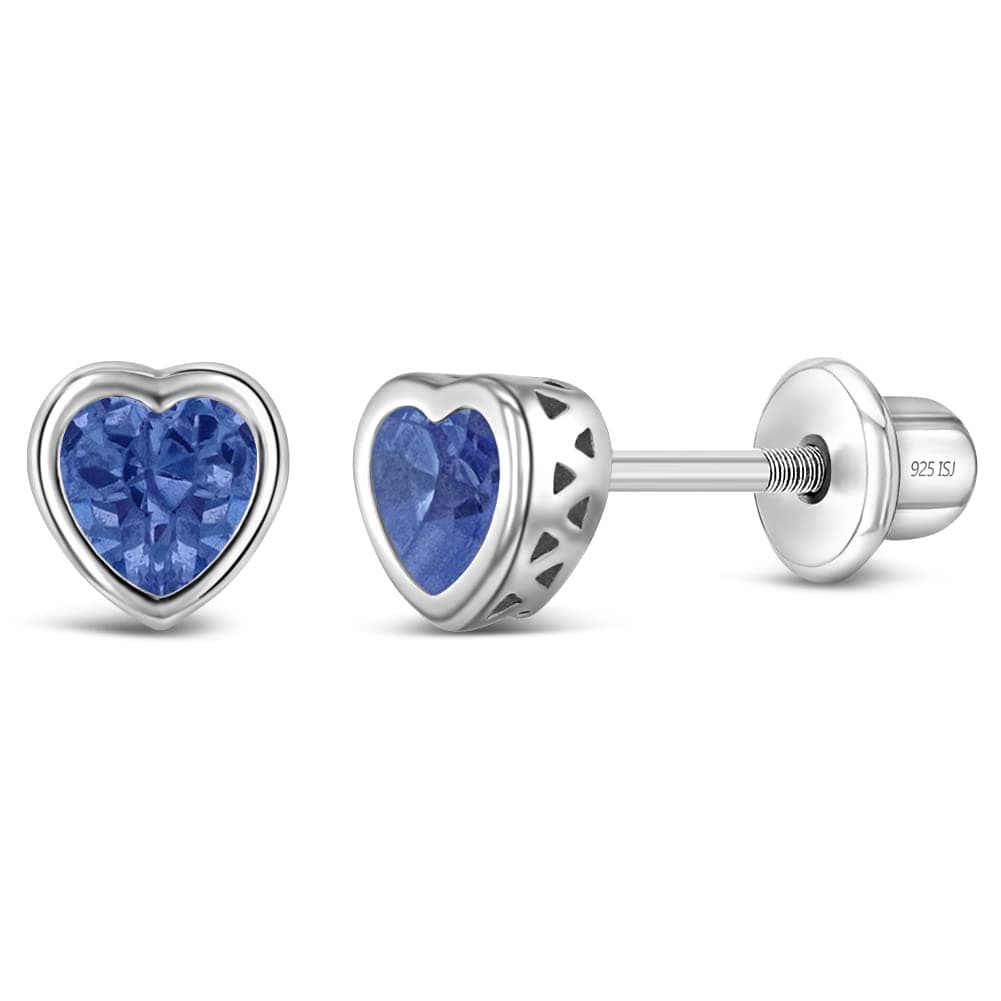 925 Sterling Silver 5mm Simulated Blue Topaz Birthstone Heart Screw Back Earrings for Toddlers & Little Girls - Heart Screw Back Earrings for Children - Blue CZ Heart Earrings for December Birthday