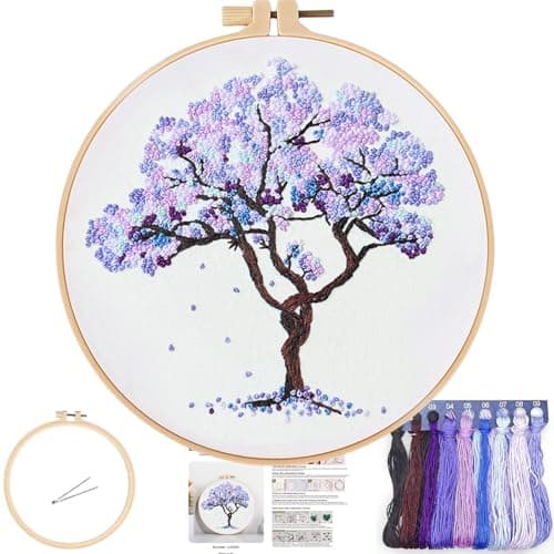 FONNUY Crewel Embroidery Kit for Beginners, Seasonal Tree Pre-Stamped Pattern Kits for Adults with Hoop, Easy to Follow Color Thread Needlework, 8'' (Purple)