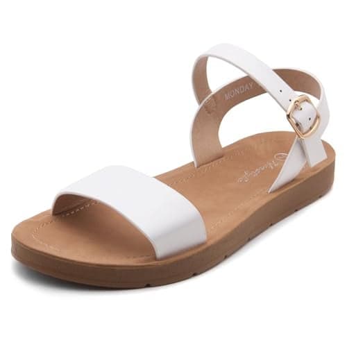 Herstyle Flat Sandals for Women – Open Toe One Band Ankle Strap Summer Dressy Sandals, Lightweight Casual Strappy Slip-On Flats with Adjustable Buckle, White, Size 8.0, Monday