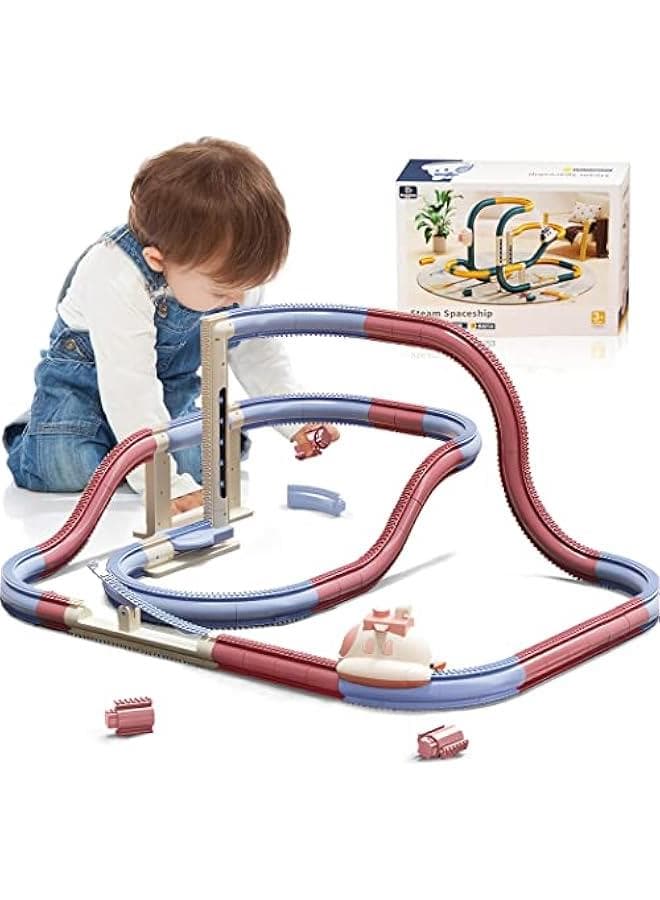 51PCS Electric Steam Train Set with Tracks, Automatic Elevator,Spaceship Car Adventure, Expandable Train Toys for 3+ Years Old Girls & Boys (Pink)