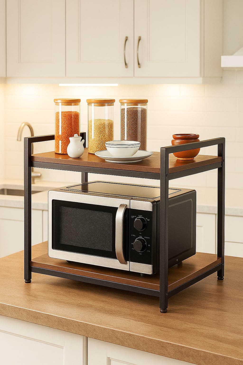 FLIPZON Metal Multi-Purpose Rack for Microwave, Oven, OTG | Kitchen Organizer (Walnut Brown), Freestanding